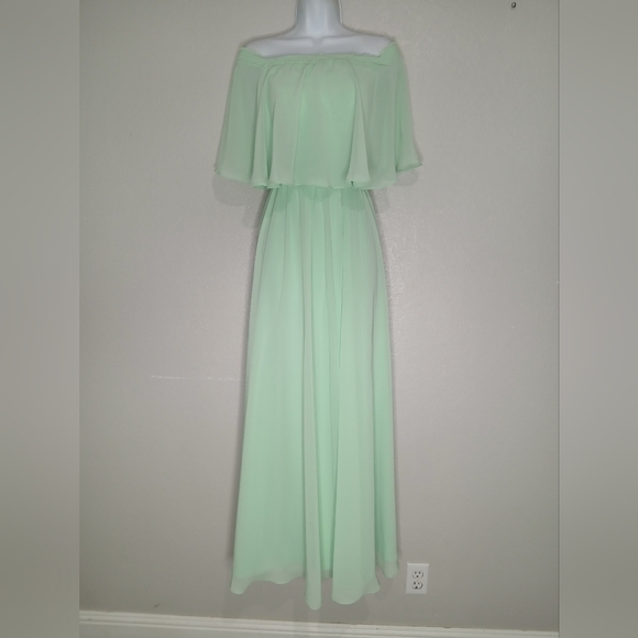 NWT JJs Housr Mint Green Off-Shoulder Chiffon Flowy Maxi Dress Long Gown Size XS - Picture 10 of 10
